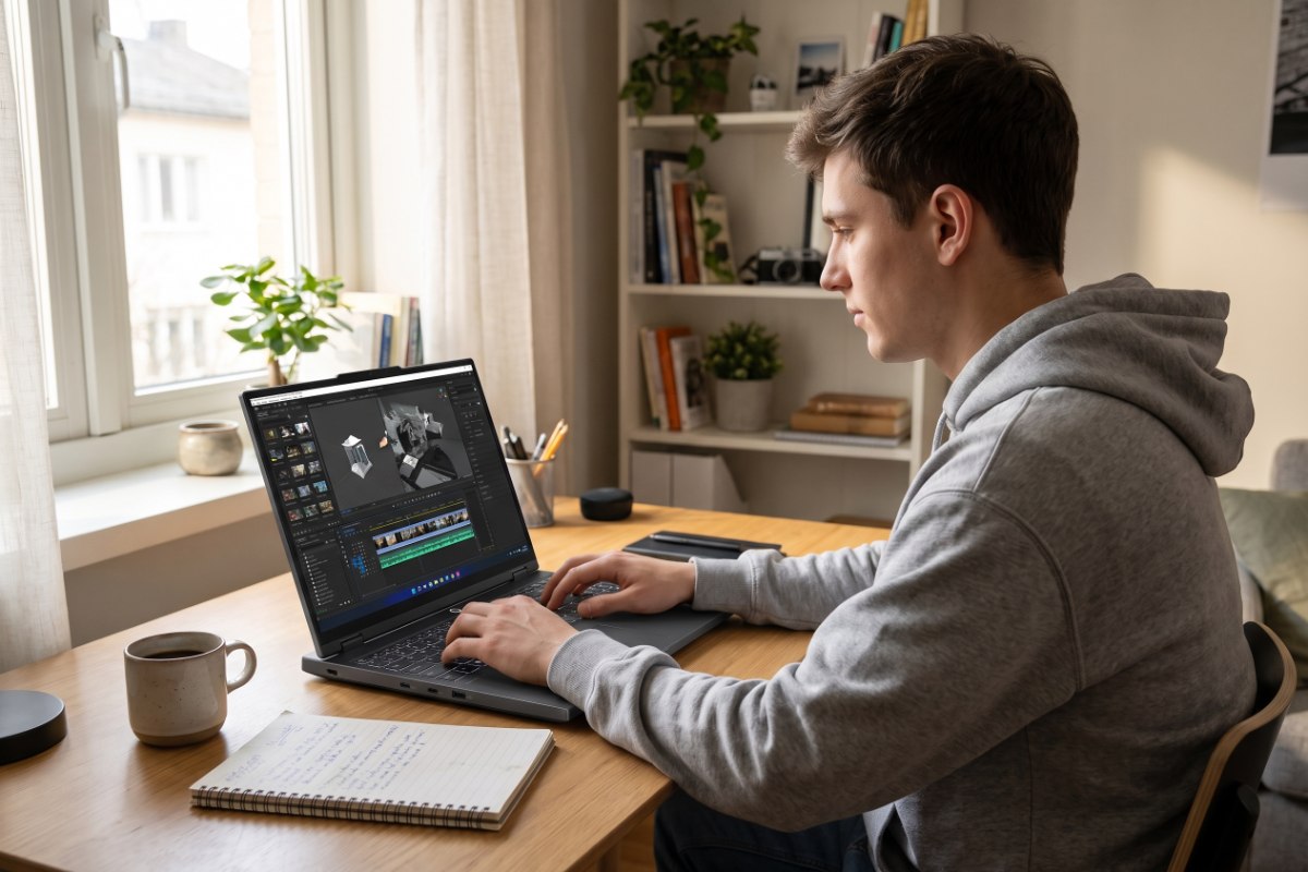 Študent pri hernom notebooku Lenovo Legion 5 15AHP10 so strihom videa a 3D modelom na obrazovke