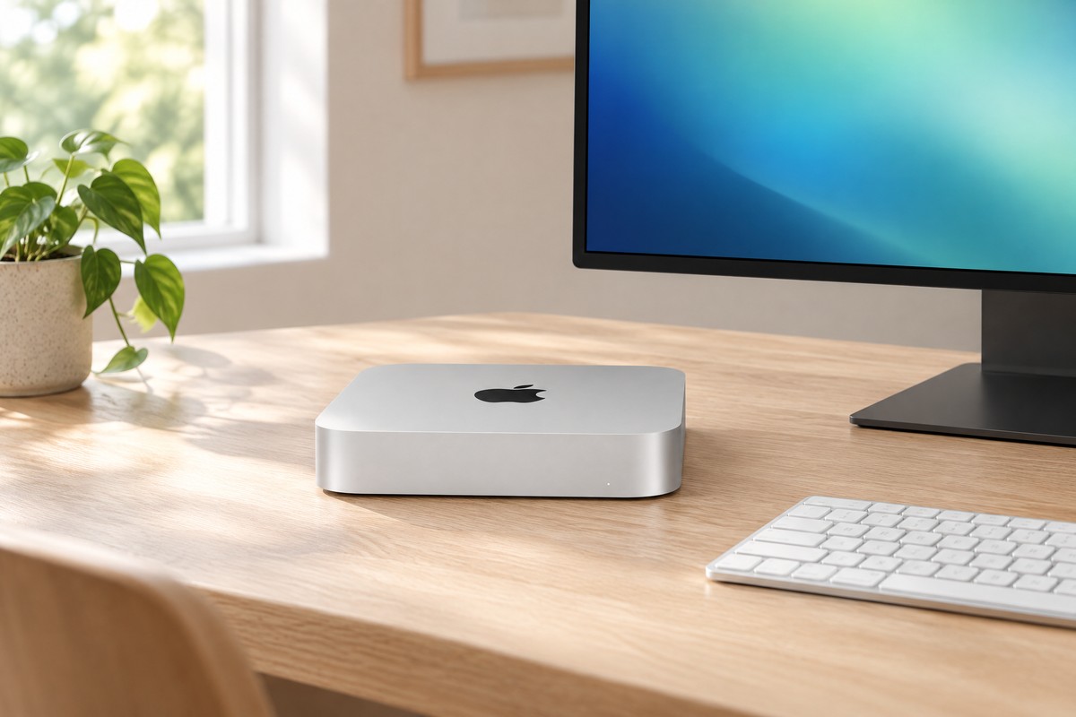 Renovovaný Apple Mac mini M2 – malý stolný počítač na svetlom pracovnom stole pred monitorom v domácej pracovni