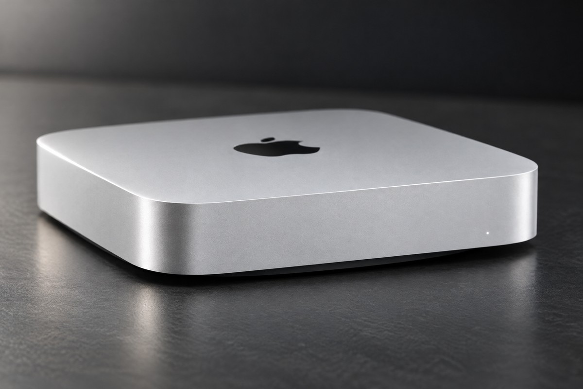 Detail kompaktného hliníkového tela renovovaného Apple Mac mini M2 so zaobleným rohom a logom na vrchnej strane