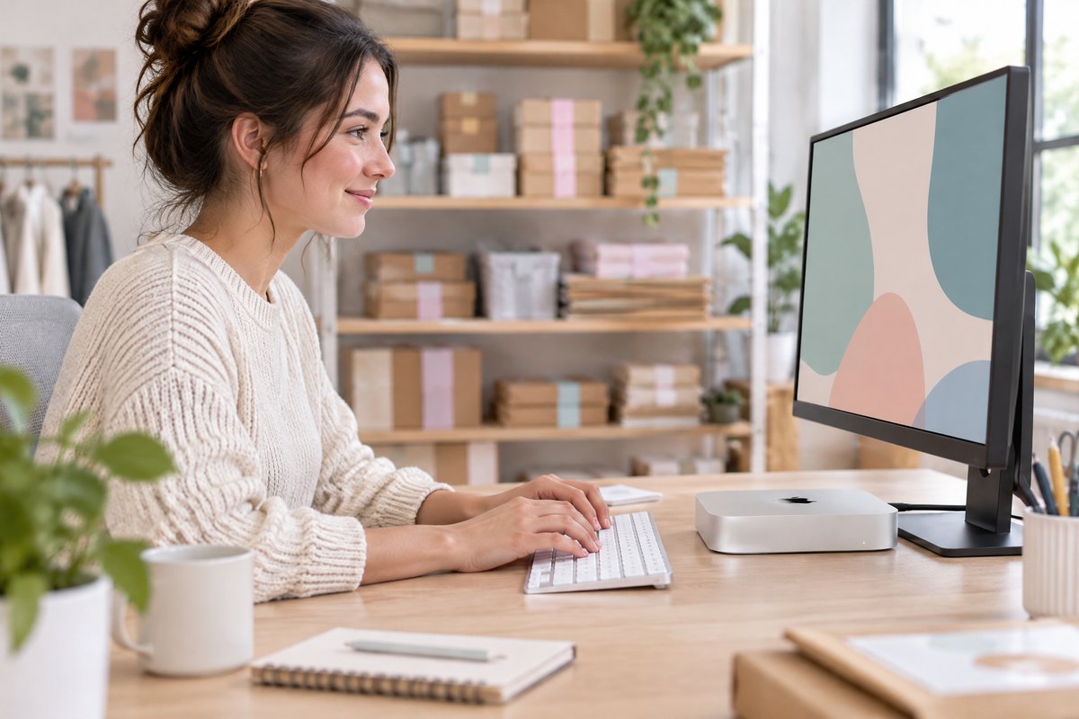 Majiteľka malého e-shopu pracuje pri stole s renovovaným Apple Mac mini M2 pripojeným k monitoru