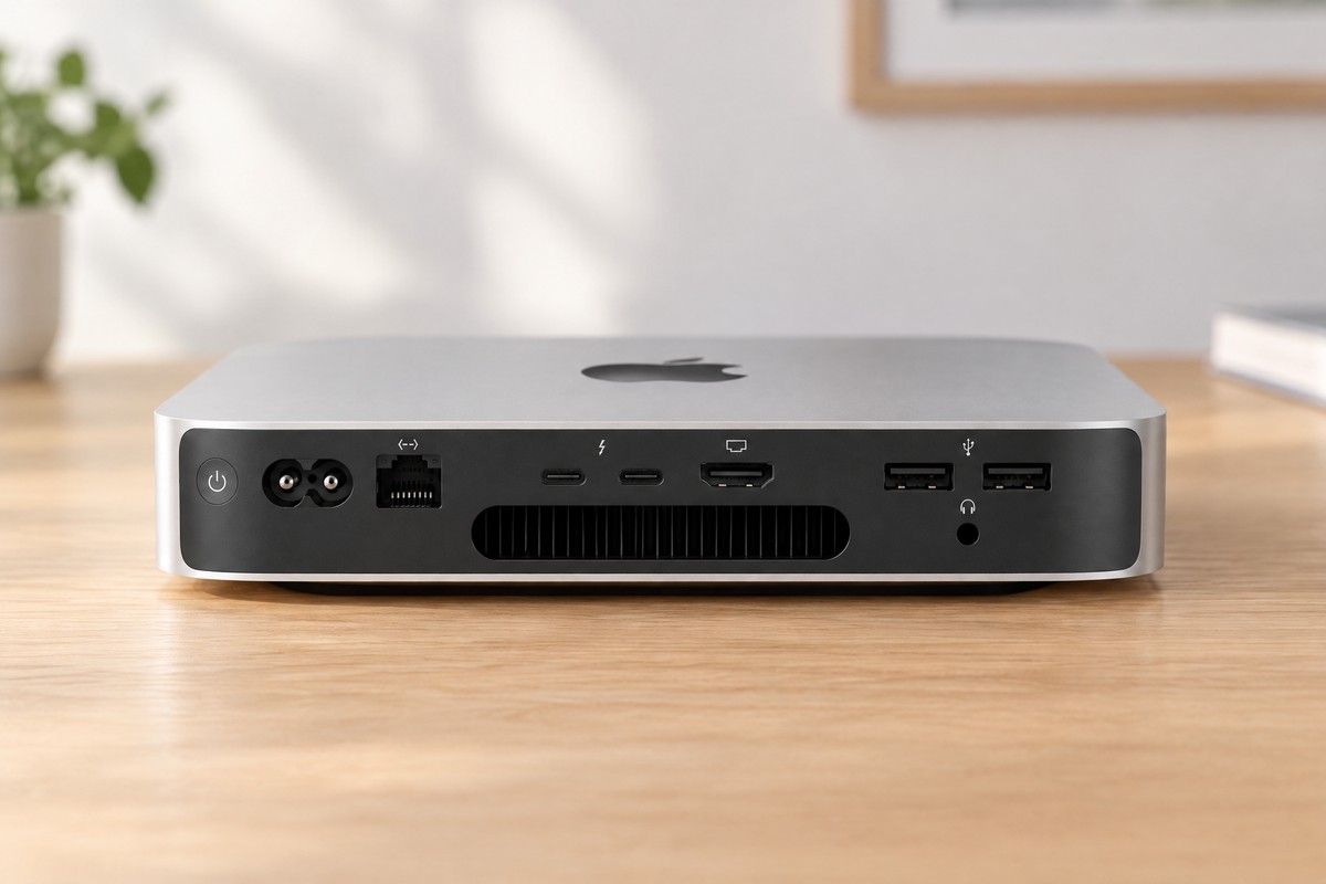 Zadný panel renovovaného Apple Mac mini M2 s portami Thunderbolt 4, HDMI, USB-A, Ethernet a 3,5 mm jackom