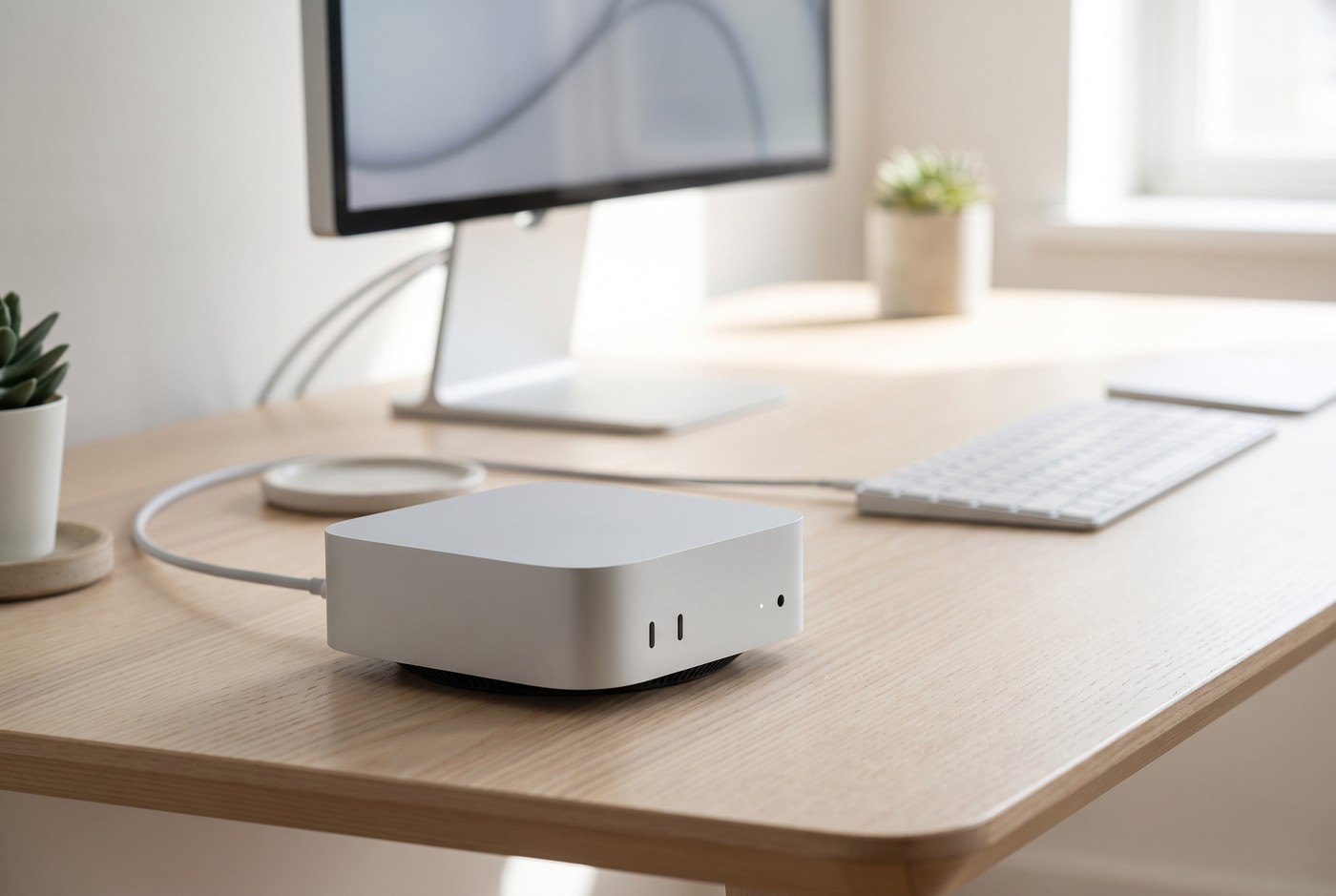 Renovovaný stolný počítač Apple Mac mini M4 na pracovnom stole pripojený k monitoru a klávesnici