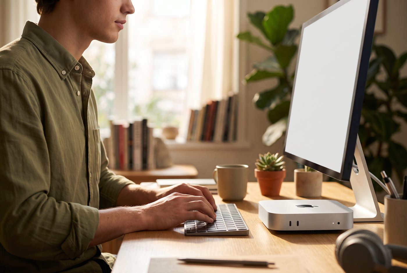 Grafička pracuje pri renovovanom stolnom počítači Apple Mac mini M4 v domácej kancelárii