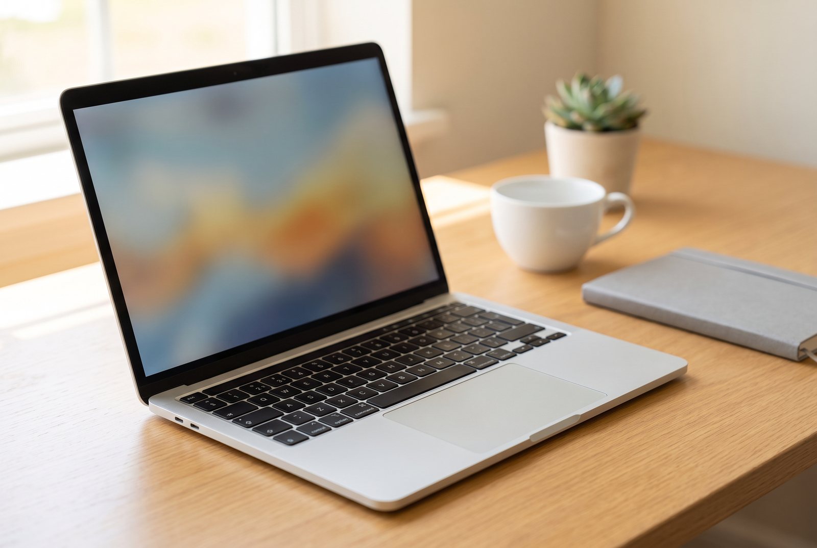 Renovovaný Apple MacBook Pro 13 M2 (2022) – strieborný Apple notebook otvorený na drevenom pracovnom stole pri okne