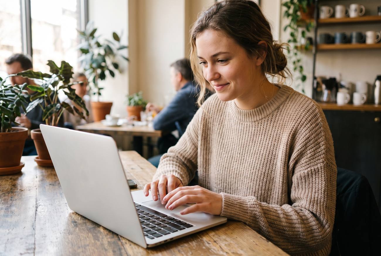 Renovovaný Apple MacBook Pro 13 M2 Silver ako notebook pre študenta – študentka pracuje na striebornom notebooku v kaviarni