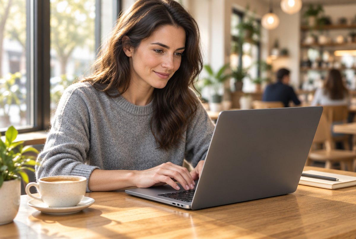 Žena pracuje na renovovanom Apple notebooku MacBook Pro 13″ M2 v kaviarni