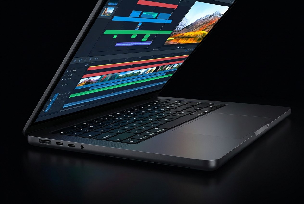 Renovovaný Apple MacBook Pro 14 M1 Pro – detail displeja Liquid Retina XDR 120 Hz pri strihu 4K videa