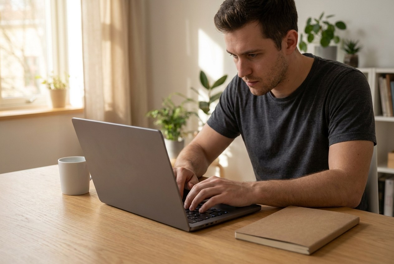 Renovovaný Apple MacBook Pro 14 M1 Pro so 16 GB pamäte – vývojár pri práci v domácej kancelárii
