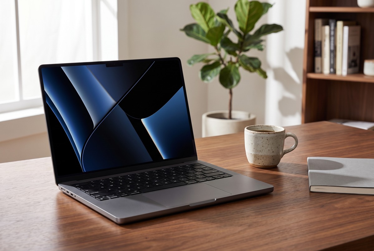 Renovovaný Apple MacBook Pro 14″ M3 v Kozmickej sivej otvorený na pracovnom stole