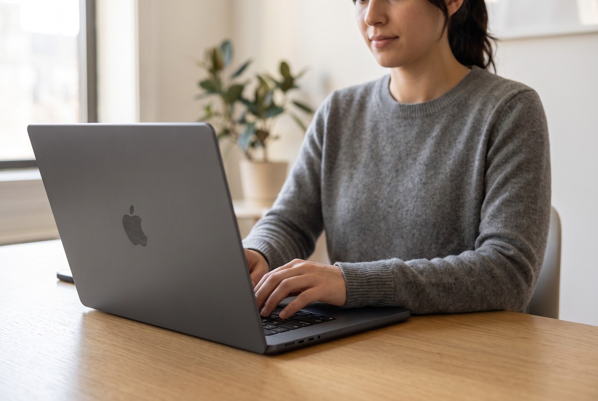 Študentka pracujúca na renovovanom Apple MacBooku Pro 14″ M3 v Kozmickej sivej