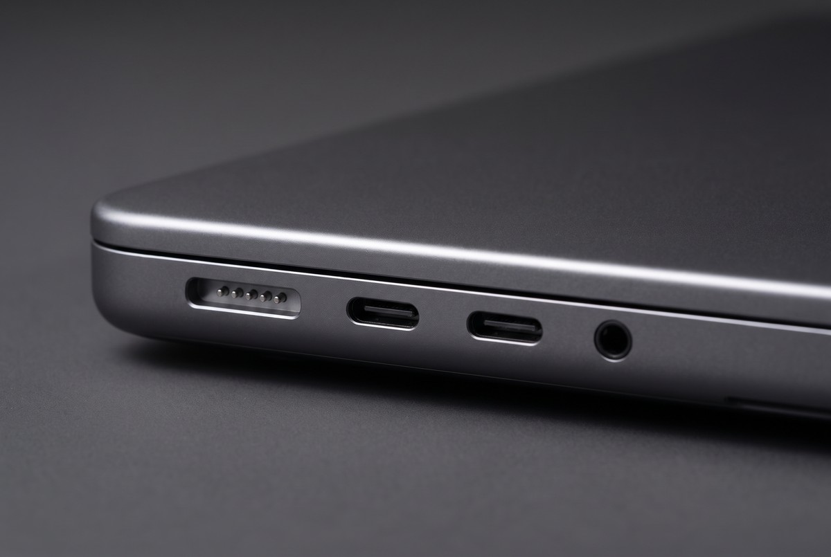 Konektory na ľavom boku renovovaného MacBooku Pro 14″ M3 – MagSafe 3 a dva porty Thunderbolt