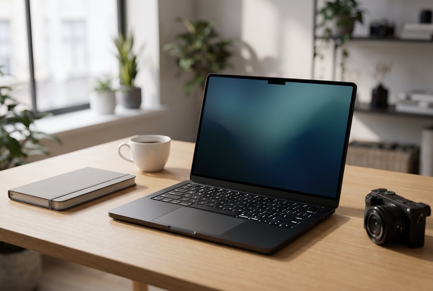 Renovovaný Apple notebook MacBook Pro 14 M3 Pro Space Black otvorený na pracovnom stole kreatívca