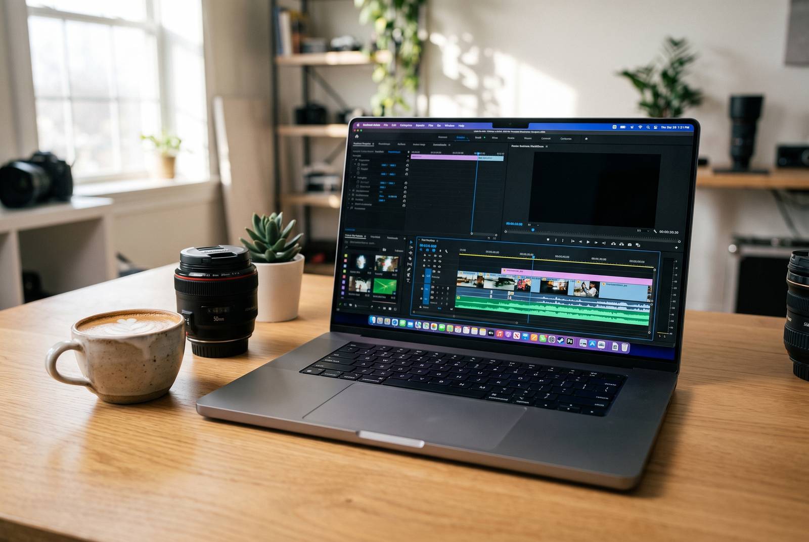 MacBook Pro 16 M2 Pro Space Gray – renovovaný Apple notebook na strih videa s časovou osou na pracovnom stole