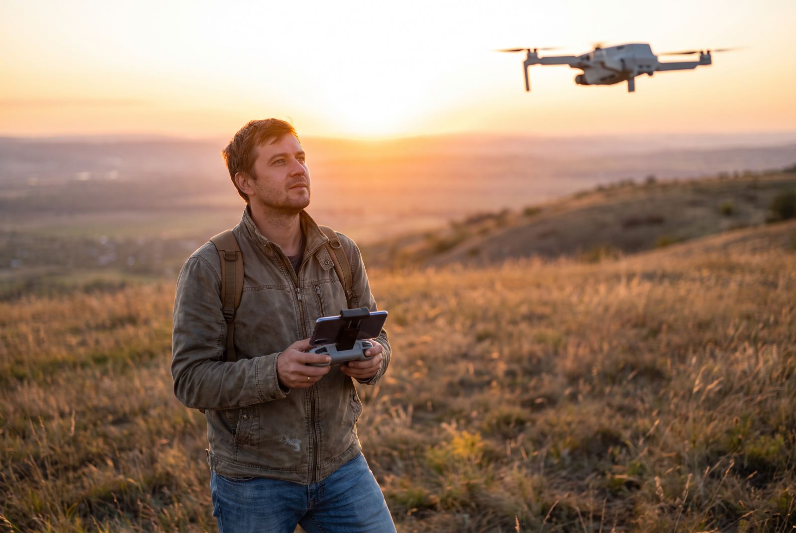 Pilot s ovládačom drona DJI Mavic Air 2 na kopci pri západe slnka