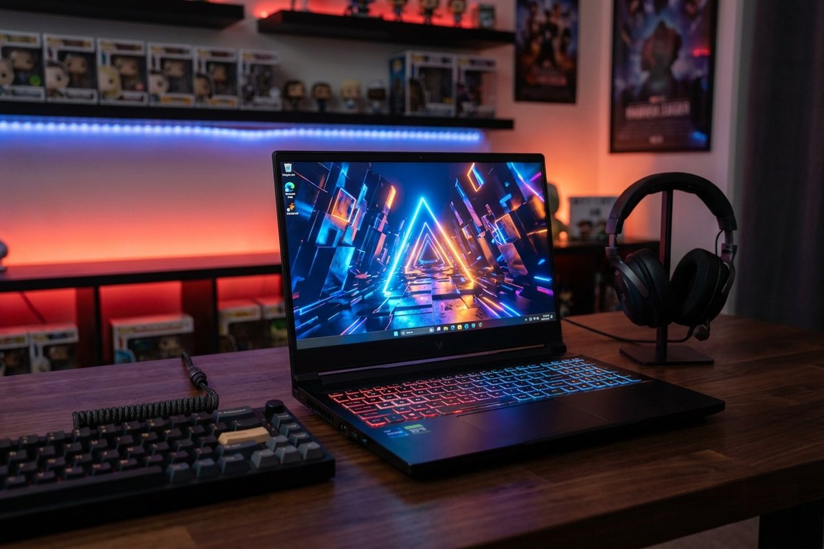 Renovovaný Acer Nitro V16 – herný notebook s podsvietenou klávesnicou na hernom stole