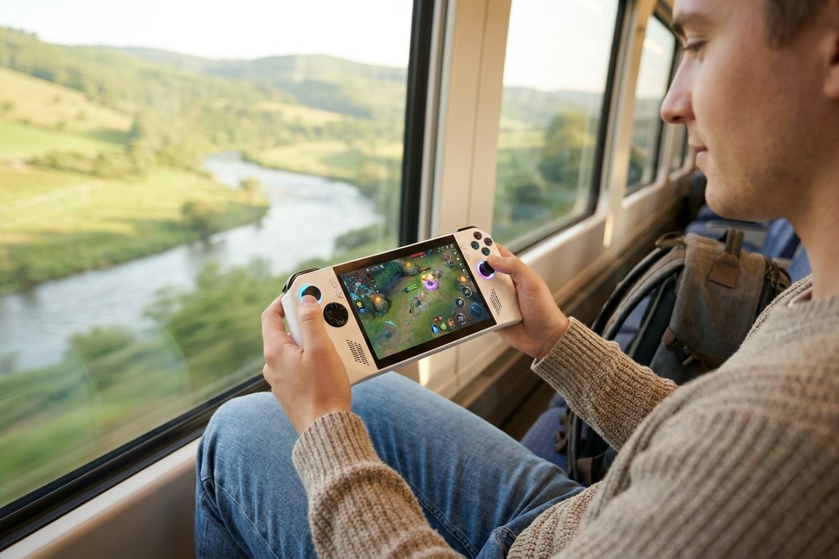 Renovovaný ASUS ROG Xbox Ally – prenosná herná konzola pri hraní na cestách vo vlaku