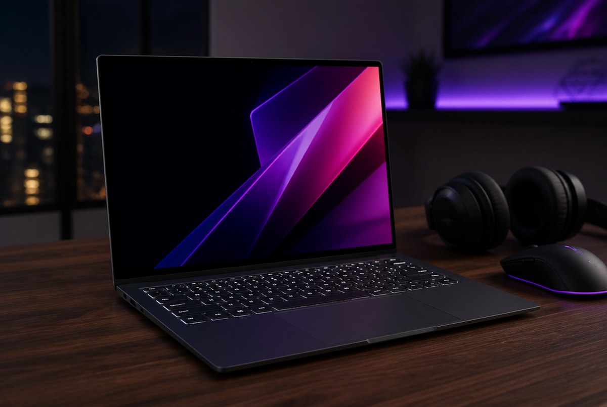 Renovovaný herný notebook ASUS ROG Zephyrus G14 s podsvietenou klávesnicou na hernom stole
