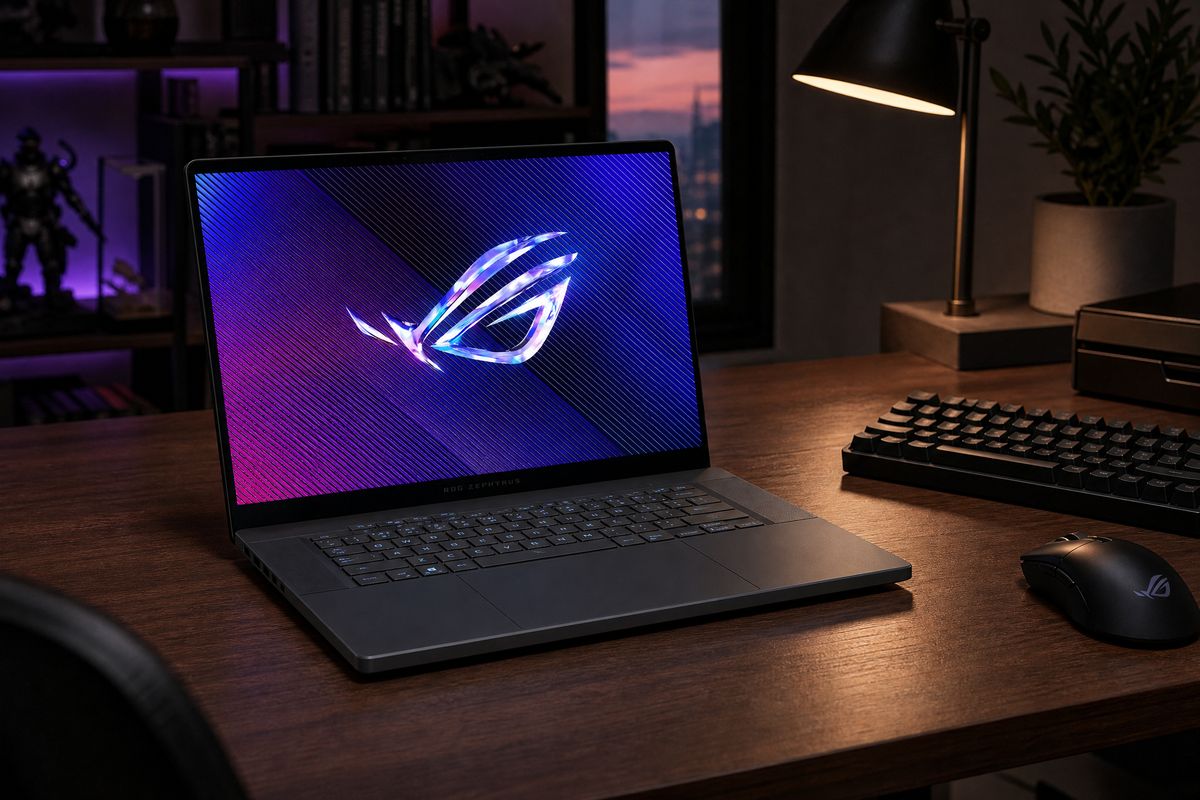 Renovovaný herný notebook ASUS ROG Zephyrus G16 GU605MV v sivej farbe Eclipse Gray na pracovnom stole