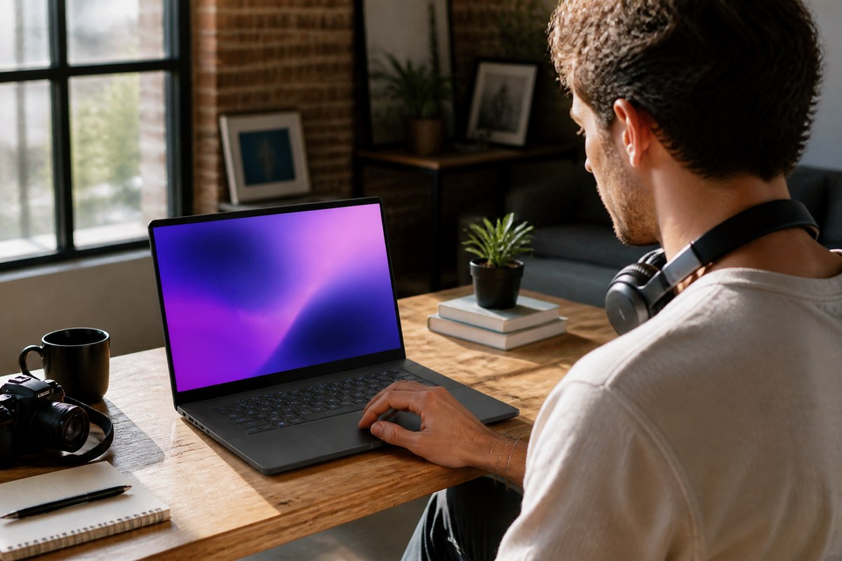 Kreatívec so slúchadlami upravuje fotky na renovovanom notebooku ASUS ROG Zephyrus G16 GU605MV – výkonný notebook na grafiku a video