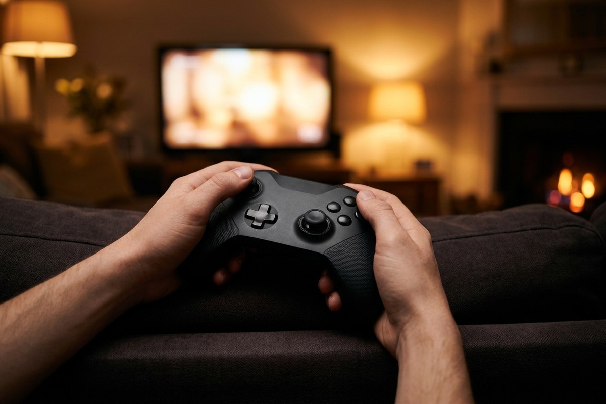 Renovovaný Microsoft Xbox Wireless Controller – čierny ovládač v rukách hráča pred televízorom v obývačke