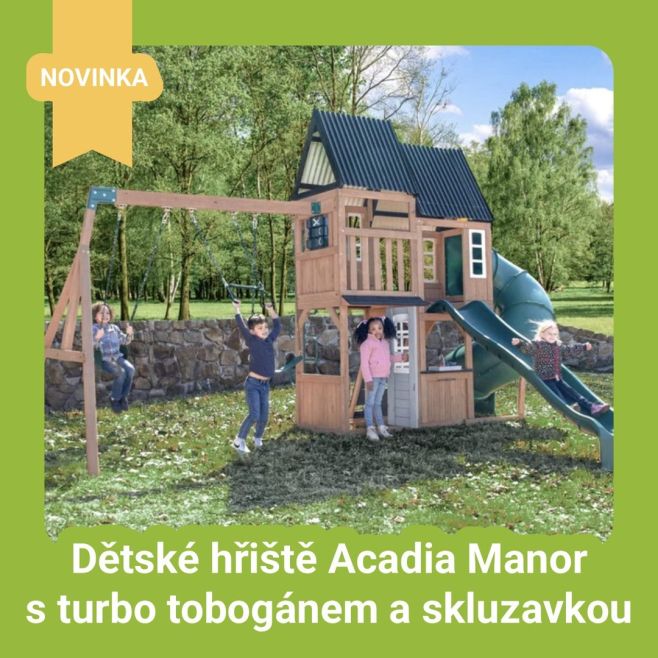 🏡🛝 Acadia Manor = zahradní hřiště, co děti jen tak neomrzí. Dvoupatrová herní věž, dvě skluzavky a spousta prostoru pro...