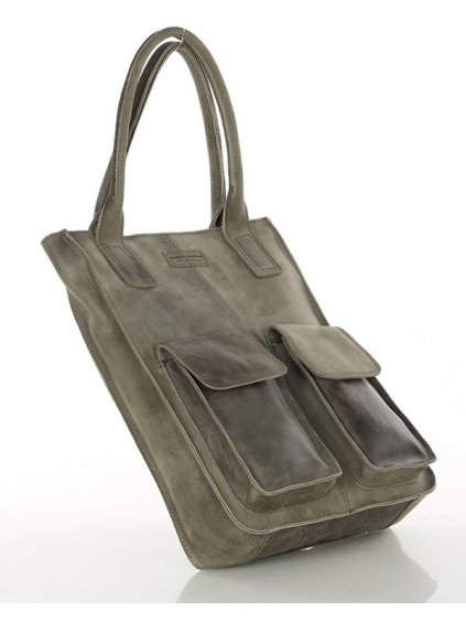 Torebka z kieszonkami skórzana dobrze zorganizowany shopper - MARCO MAZZINI taupe khaki