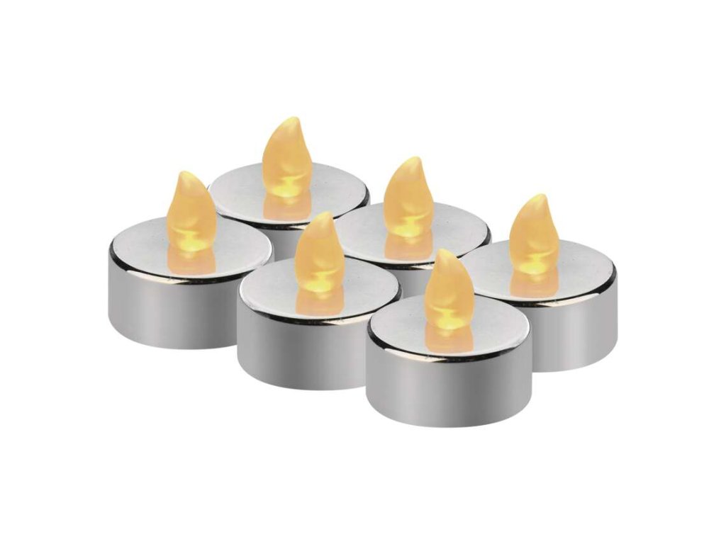 LED dekorácia – 6x čajová sviečka strieborná, 6x CR2032, vnútorná, vintage