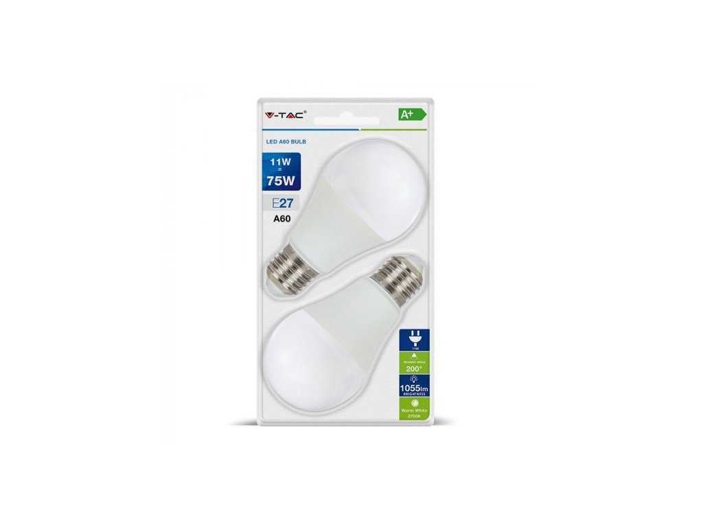LED žiarovka V-TAC, E27, 11W, 1055lm, A60, mliečna - 2ks blister