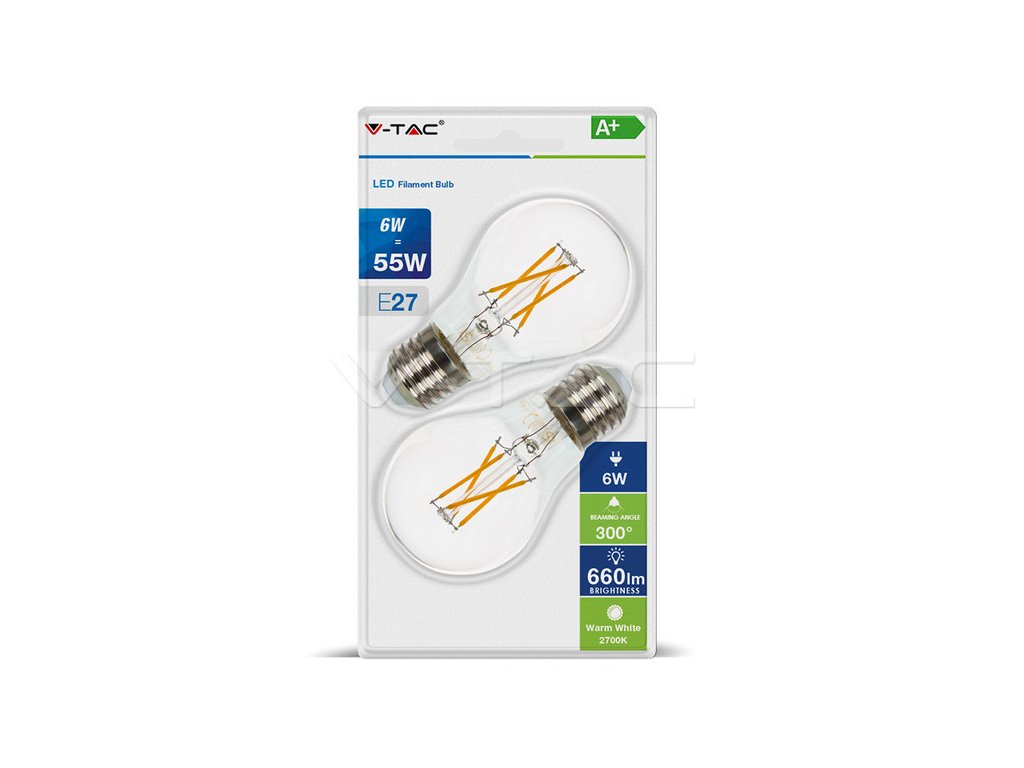 LED žiarovka V-TAC, E27, 6W, 660lm, Filament, A60, číra - 2ks blister