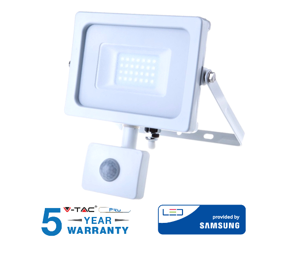 V-TAC LED reflektor so senzorom SMD 10W 800lm SAMSUNG CHIP Slim biely - 5 ROČNÁ ZÁRUKA! Farba svetla: teplá (3000K)