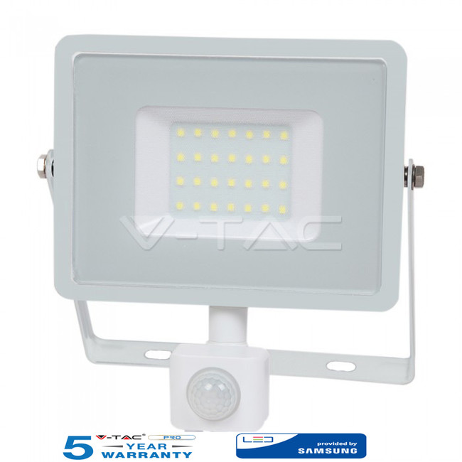 V-TAC Reflektor LED 30W so senzorom 2400lm SAMSUNG CHIP SLIM biely - 5 ROČNÁ ZÁRUKA Farba svetla: teplá (3000K)