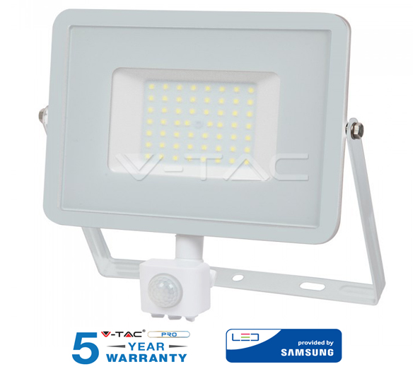 V-TAC Reflektor LED 50W so senzorom 4250lm SAMSUNG CHIP SLIM biely - 5 ROČNÁ ZÁRUKA Farba svetla: teplá (3000K)