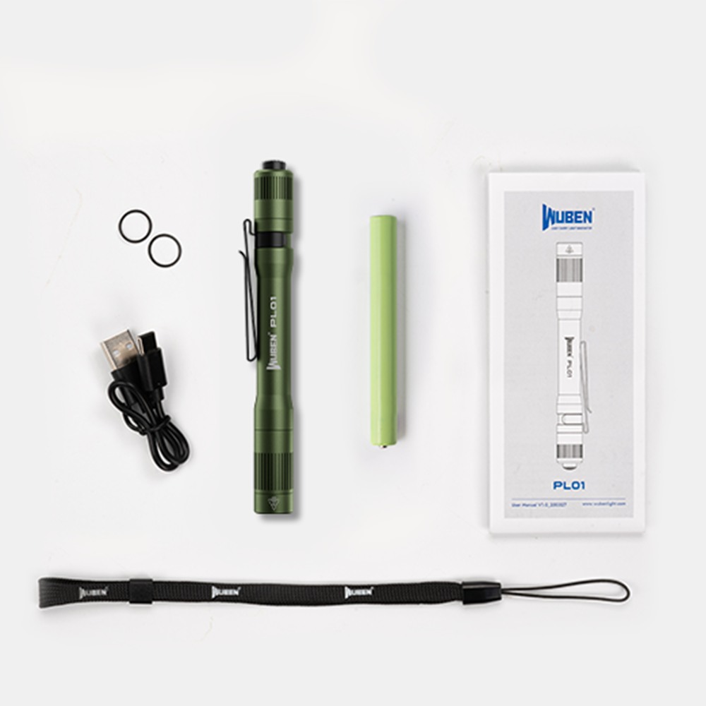 Wuben PL01 Green – obsah balenia: baterka, akumulátor, kábel USB-A – USB-C, šnúrka, O-krúžky, návod