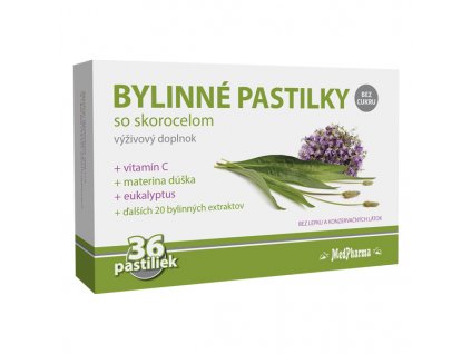 MedPharma Bylinné pastilky bez cukru so skorocelom, materina dúška, vitamín C 36 ks