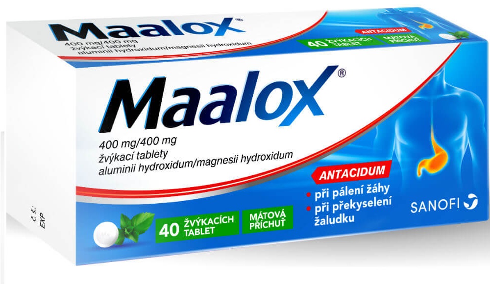 Maalox Maalox 400mg mätová príchuť žuvacie tablety na zníženie tvorby žalúdočných kyselín 40 tbl