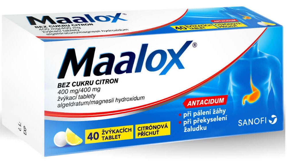 MAALOX Bez cukru citrón 400 mg 40 žuvacích tabliet