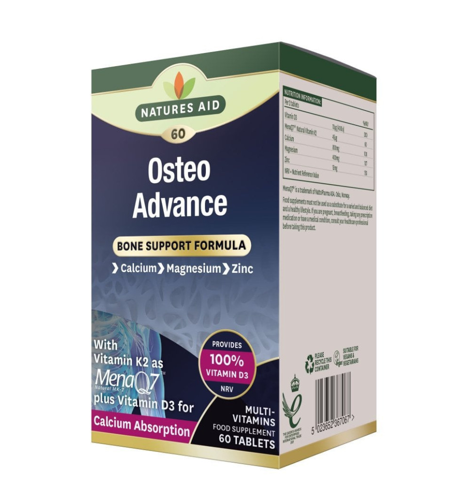 Natures Aid OSTEO ADVANCE s vitamínom D3 a K2- MenaQ7,Vápnik, Magnézium, Zinok pre zdravé kosti 60 tabliet