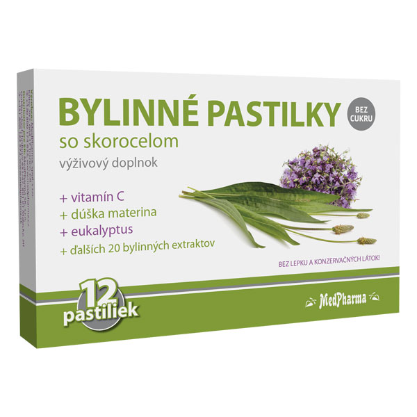 MEDPHARMA Bylinné pastilky bez cukru so skorocelom materina dúška vitamín C 1x12 ks