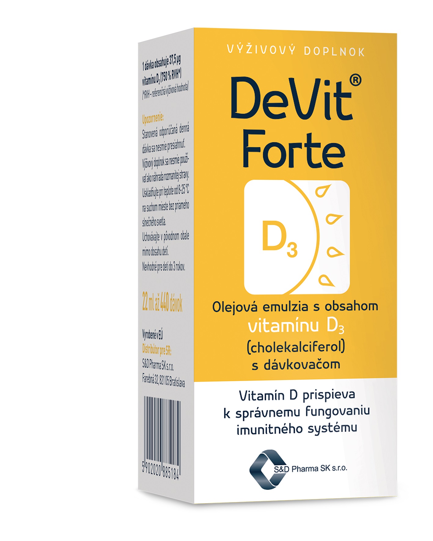 DeVit Forte vitamín D pre normálnu funkciu imunitného systému, stavu kostí a činnosť svalov 22 ml