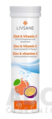 LIVSANE Zinok + Vitamín C šumivé tablety, príchuť broskyňa - mučenka 20 tbl