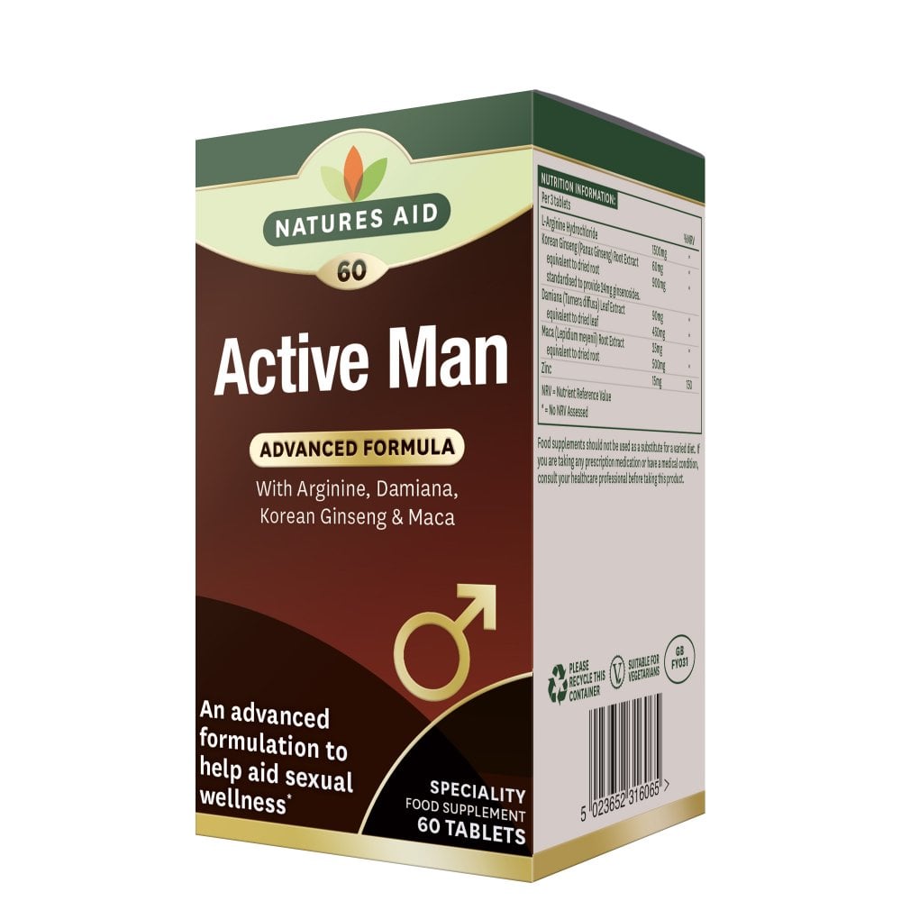 Natures Aid ACTIVE MAN Arginín, Kórejský ženšen, Maca, Damiána, Zinok 60 tabliet