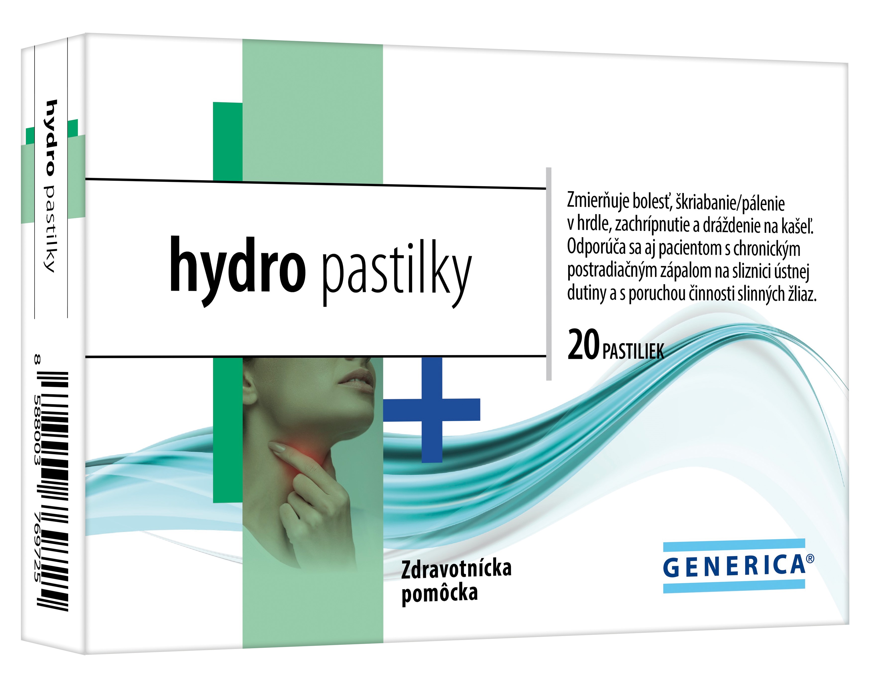 Generica Hydro pastilky pastilky proti bolesti v krku, suchému kašľu a chrapotu 20 ks