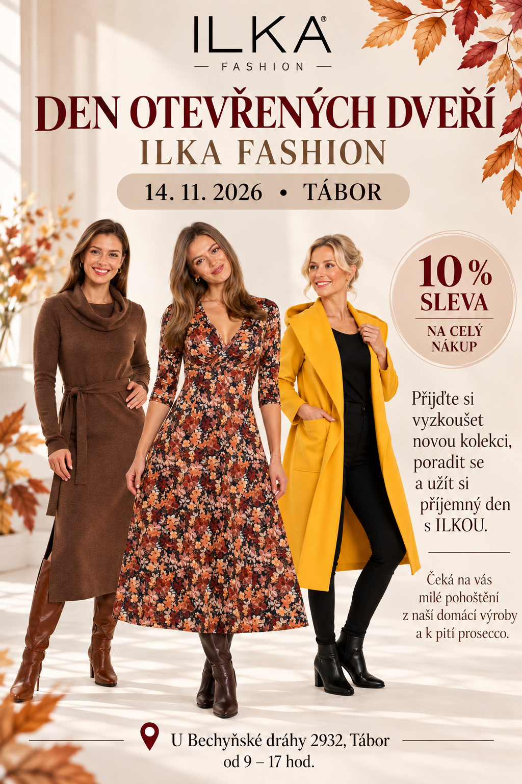 Leták: Den otevřených dveří ILKA Fashion, 14. 11. 2026 v Táboře, od 9 do 17 hodin. Sleva 10 % na celý nákup.