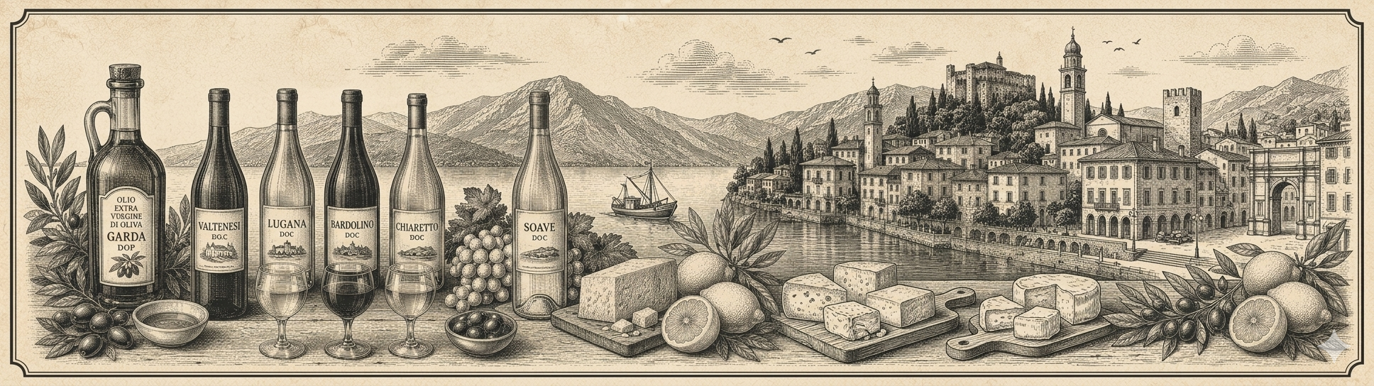 Panoráma Lago di Garda s olivovými olejmi, vínami Lugana, Bardolino, Chiaretto a Soave v popredí