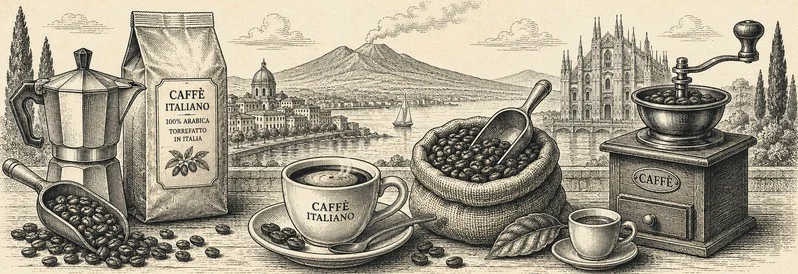 Talianska káva – moka kanvica, zrnková káva, šálka espresso a mlynček na talianskom pozadí