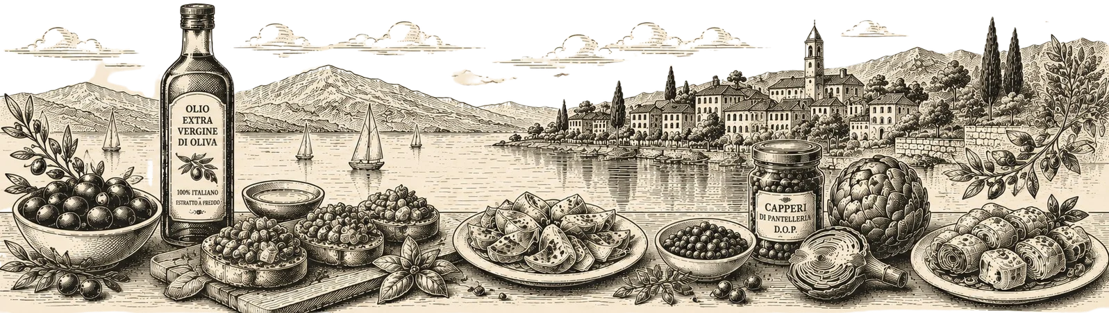 Panoráma talianskej krajiny s olivami, antipasto doskami a olivovým olejom