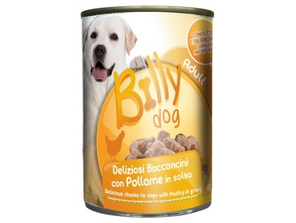 Billy Dog šťavnaté mäsové kúsky pre psov s kuracím mäsom v lahodnej omáčke 415g