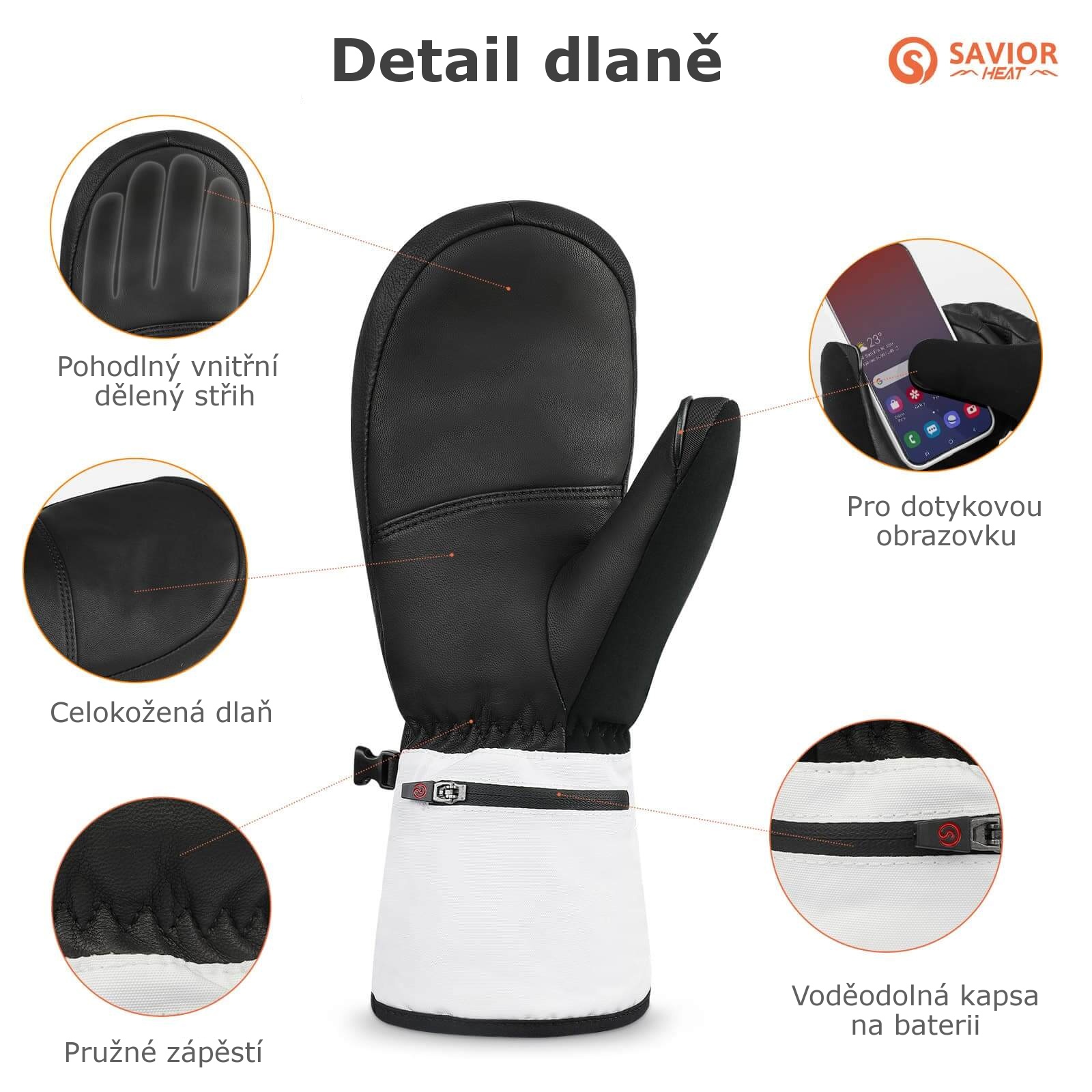 Vyhřívané palčáky SAVIOR 2.0 – detail kožené dlaně