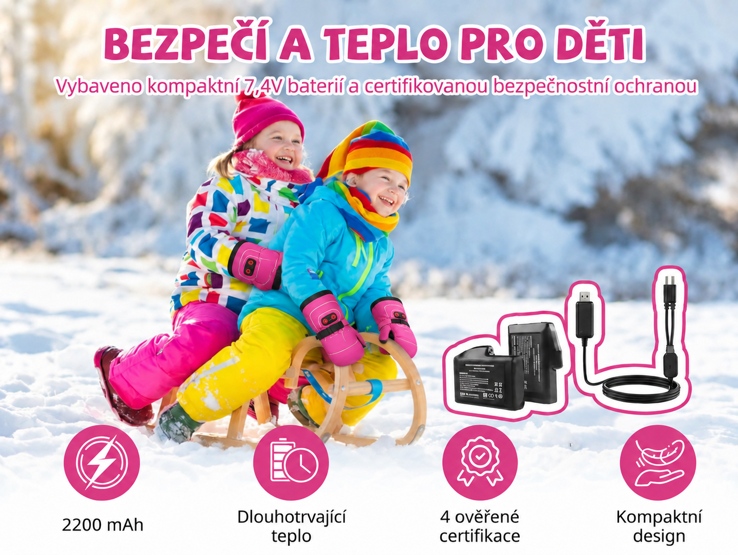 Růžové dětské vyhřívané palčáky SAVIOR při zimních aktivitách