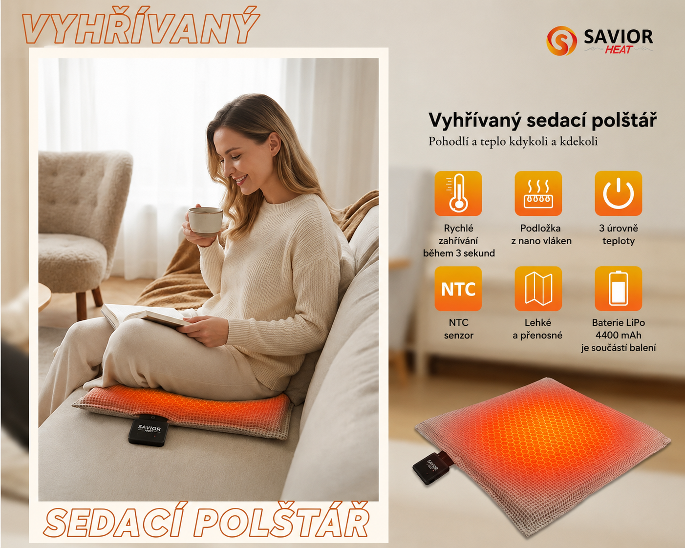 Přenosný vyhřívaný podsedák